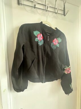 Guess Black Bomber Jacket with Pink & Green Floral Embroidery